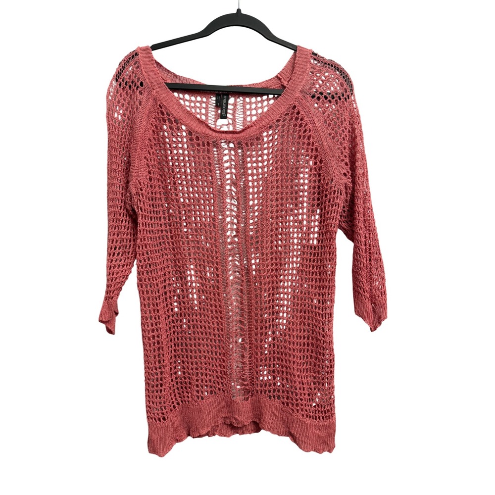 Maurices Womens Pink 100% Linen Open Knit Crochet Sweater 3/4 Sleeve Size 1 Plus